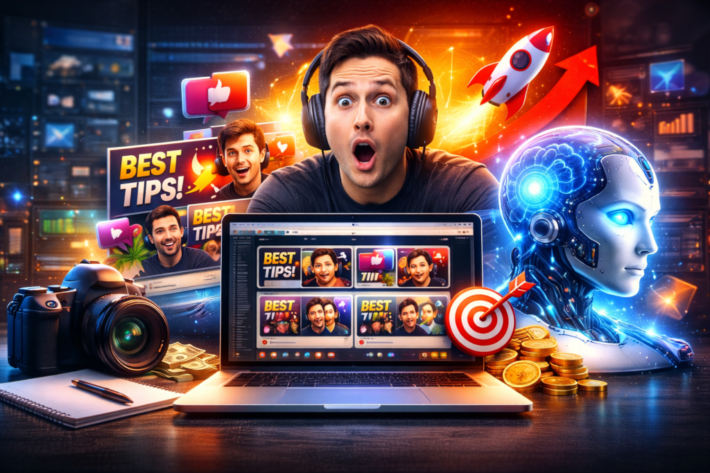 Clickly Review hero image showing AI YouTube thumbnail generator dashboard and design system